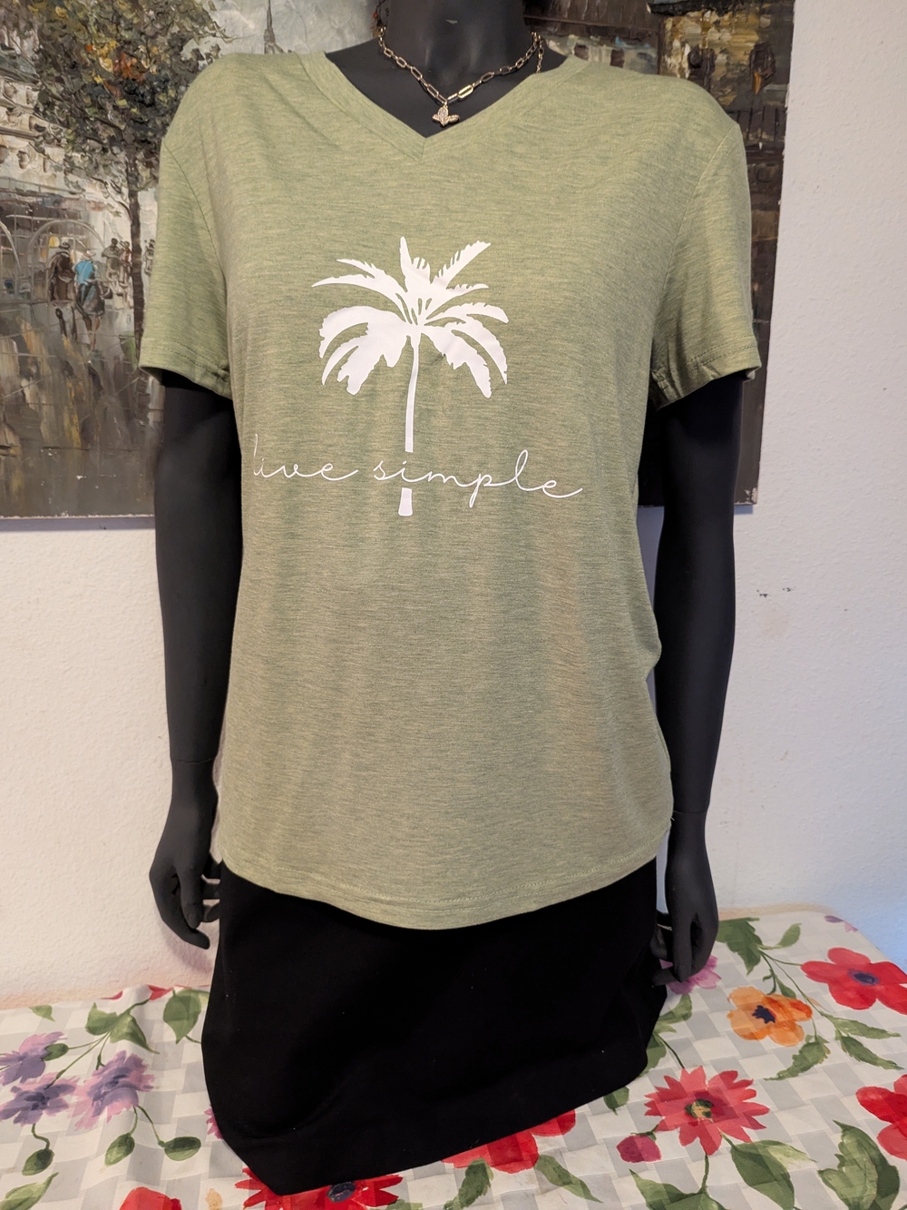 Olive Green Palm Graphic V-Neck Tee - Live Simple